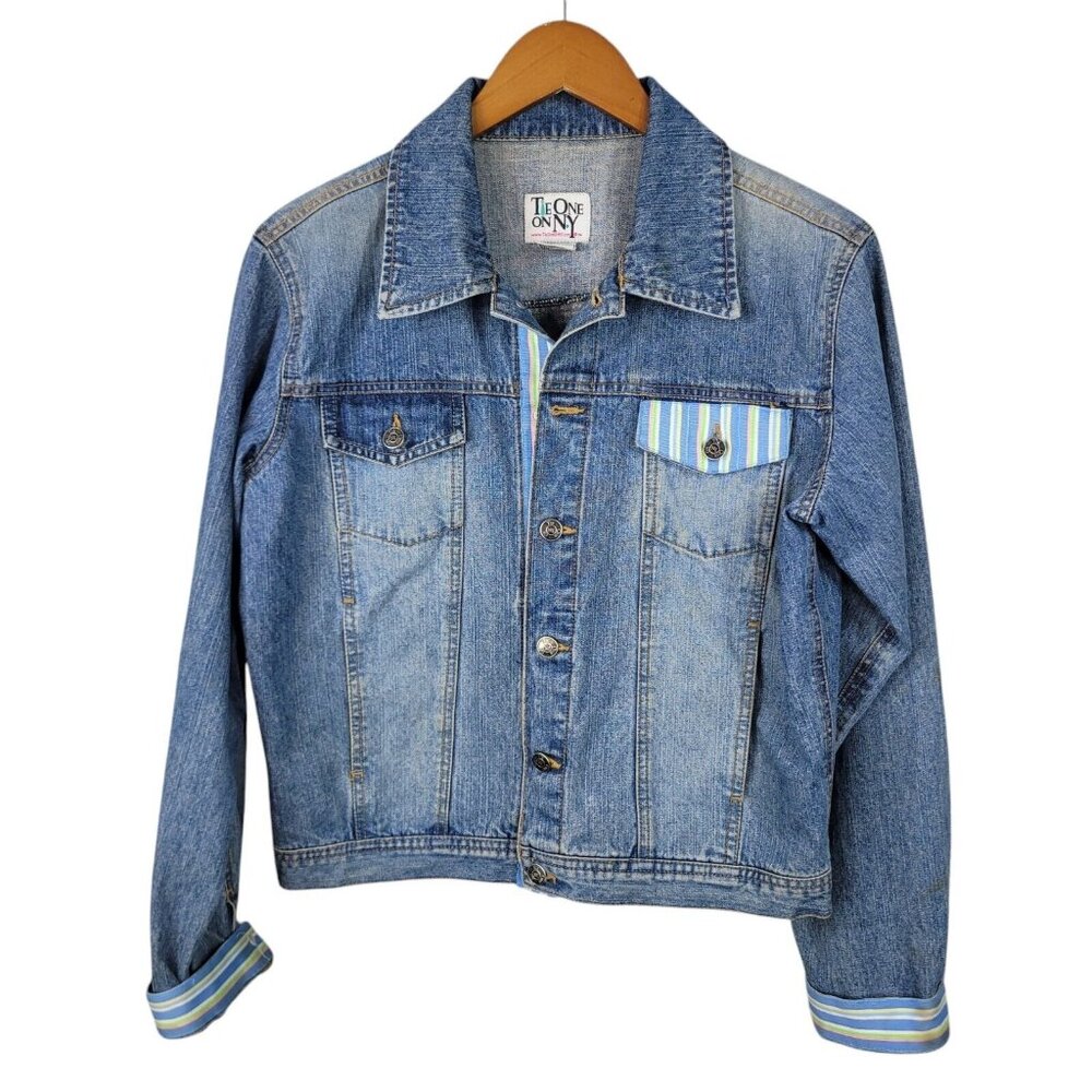 Tie One On NY Denim Jacket Chore Coat size Large Blue Jean Button up cowgirl
